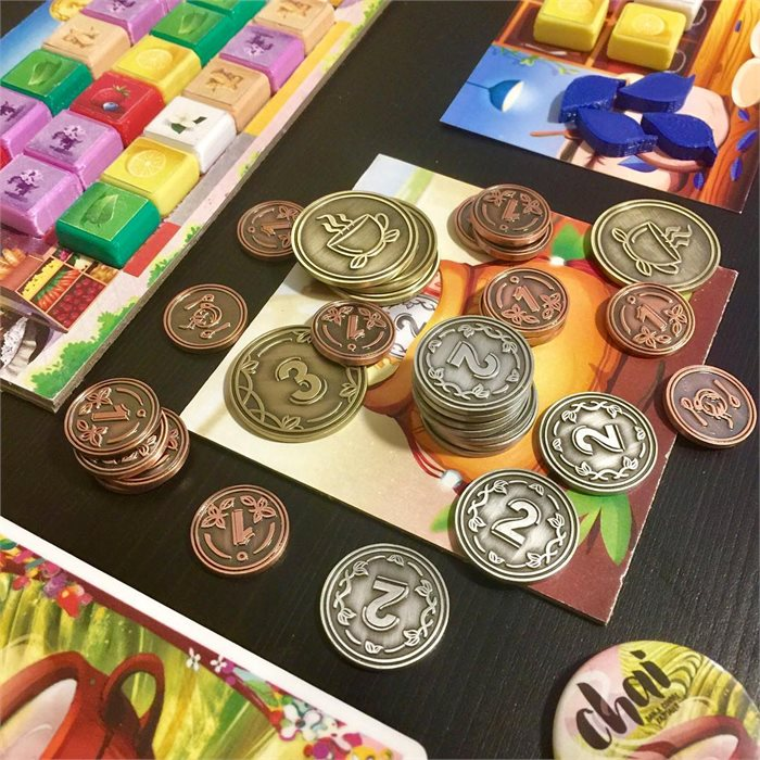 Chai: Tea for 2 & Dice Trays by Steeped Games - Tea Metal Coins - Gamefound