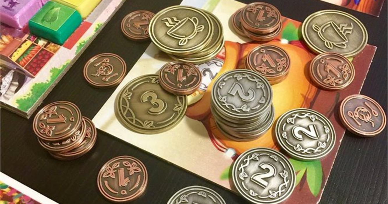 Chai: Tea for 2 & Dice Trays by Steeped Games - Tea Metal Coins - Gamefound