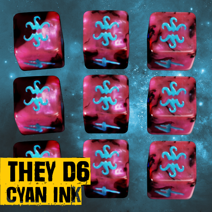 Elder Dice D6 Set: THEY Cyan on Magenta & Black