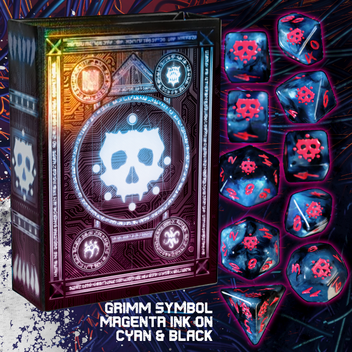 Elder Dice: The Grimm Polyhedral Set Magenta Ink on Cyan & Black