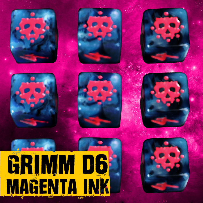 Elder Dice D6 Set: The Grimm Magenta on Cyan & Black