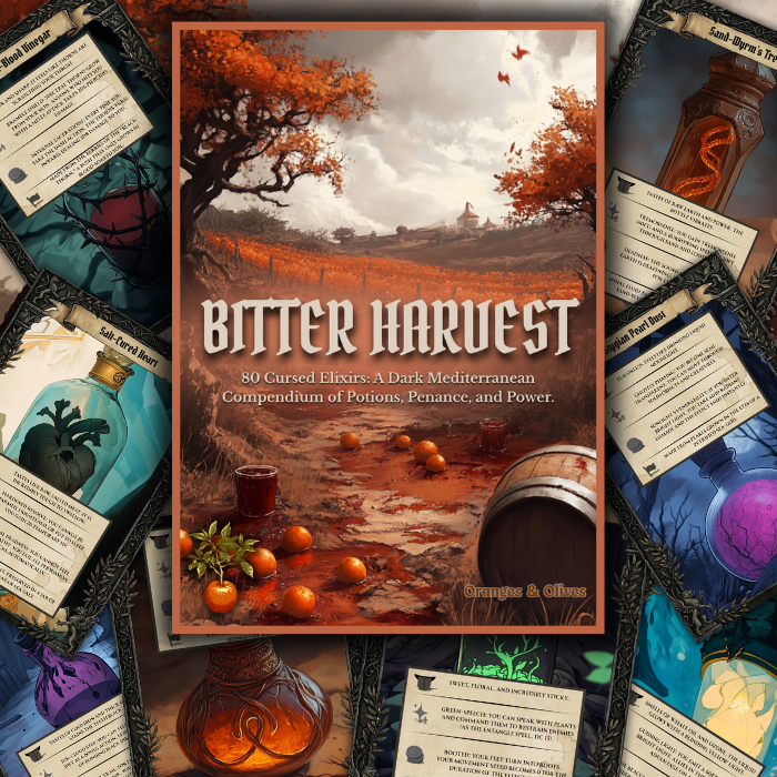 Couverture de BITTER HARVEST: 80 Cursed Elixirs: A 5e Dark Mediterranean Compendium of Potions, Penance, and Power