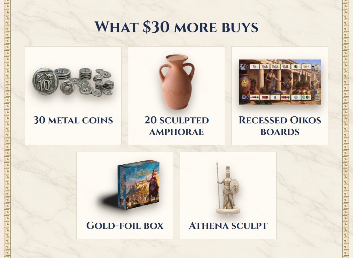 What $30 more buys: 30 metal coins, 20 sculpted amphorae, recessed Oikos boards, a gold-foil box and the Athena sculpt.