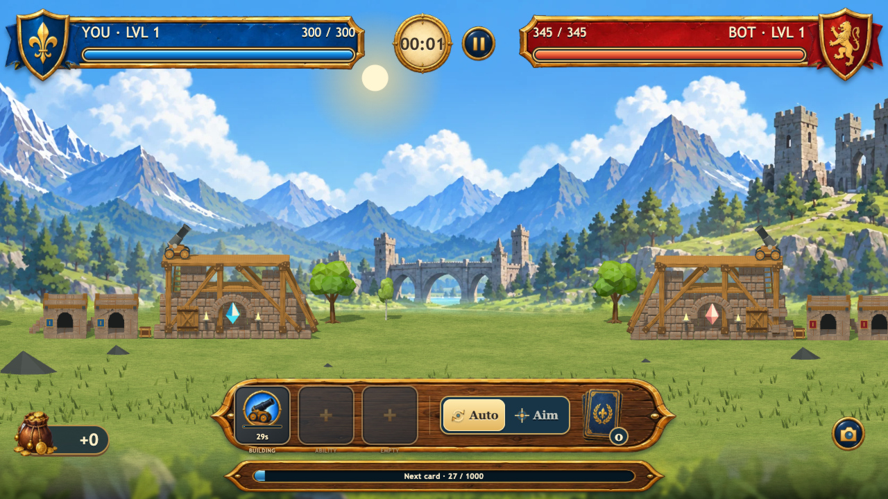 Shell &amp; Shield gameplay: two castles facing each other with cannons and battle controls
