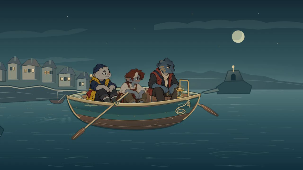 Alex, Mira and Arin cross Brinewick harbour by rowboat at night beneath a full moon.