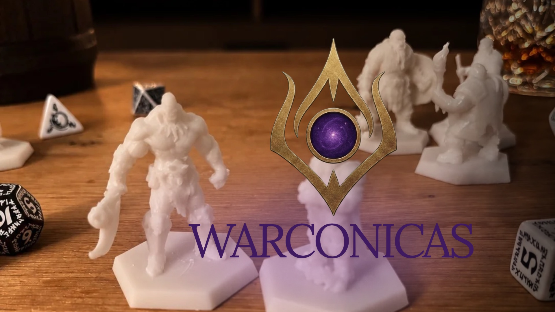 Unpainted resin prints of Warconicas champions on a wooden table, with dice and the Warconicas logo