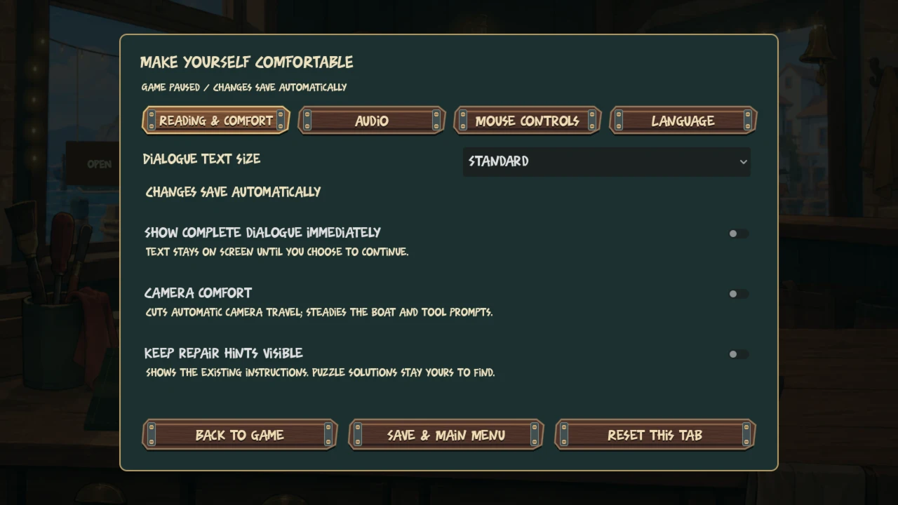 In-game reading and comfort settings with dialogue text size, immediate text, camera comfort and repair hint options.