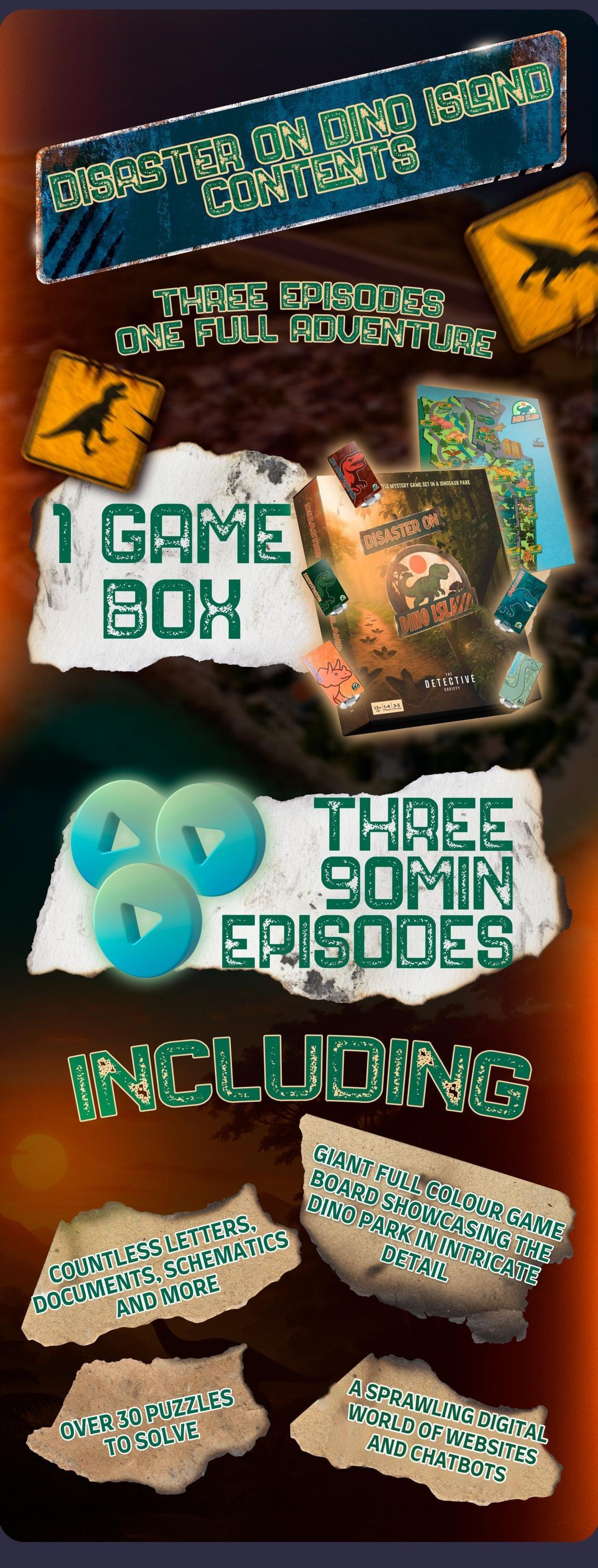 Disaster on Dino Island contents: three 90-minute episodes, a giant game board, over 30 puzzles and a sprawling digital world