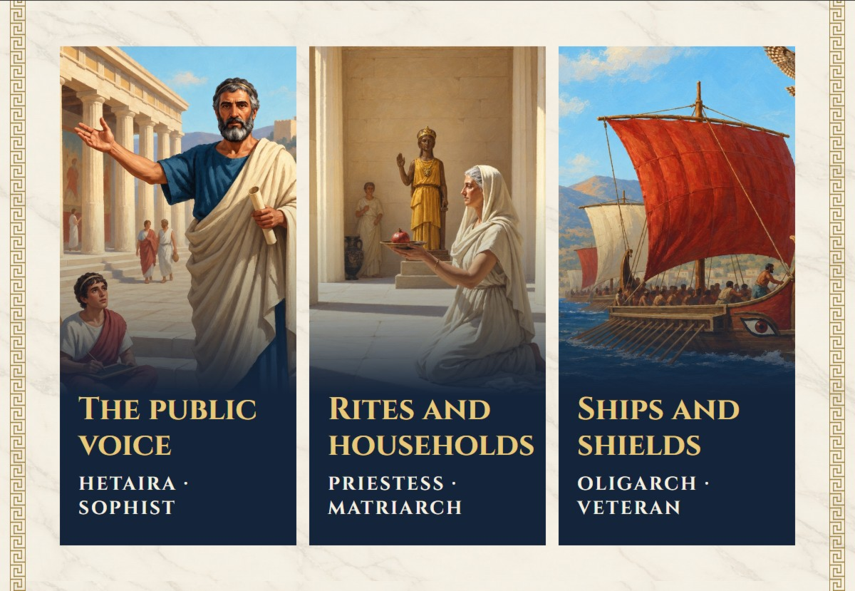 Three Role pairings: the public voice, Hetaira and Sophist; rites and households, Priestess and Matriarch; ships and shields, Oligarch and Veteran.