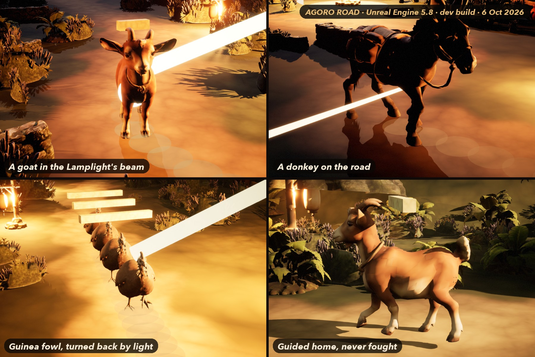 Four in-game captures from Agoro Road at dusk: a goat in a beam of light, a donkey on the road, a line of guinea fowl turned back by light, and a goat walking home.