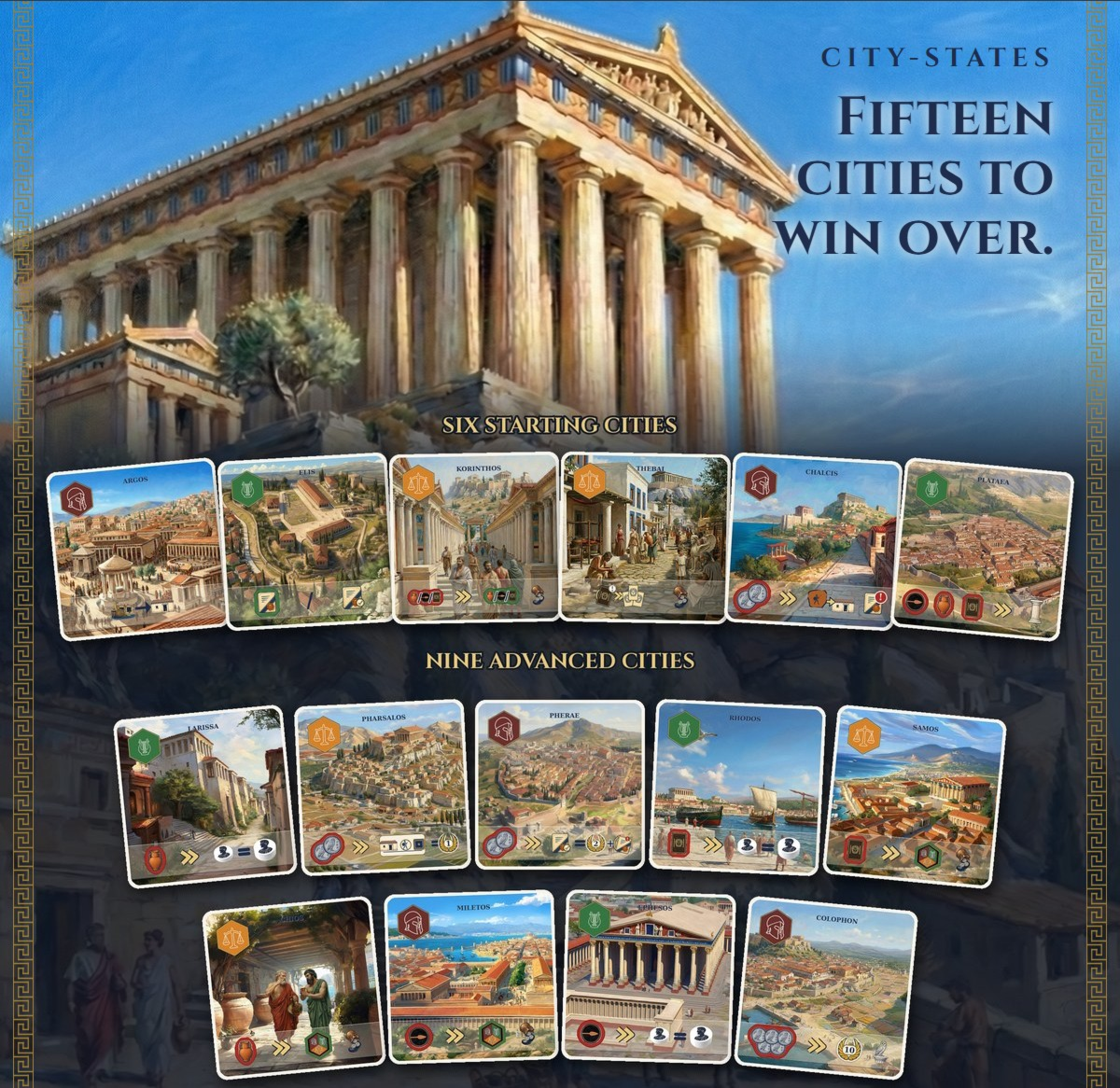 City-states: fifteen cities to win over. The fifteen tiles in three rows, six starting above nine advanced, over the painting from the back of the tiles: the Acropolis, the temple of Athena crowning the rock, an olive beside a shrine.