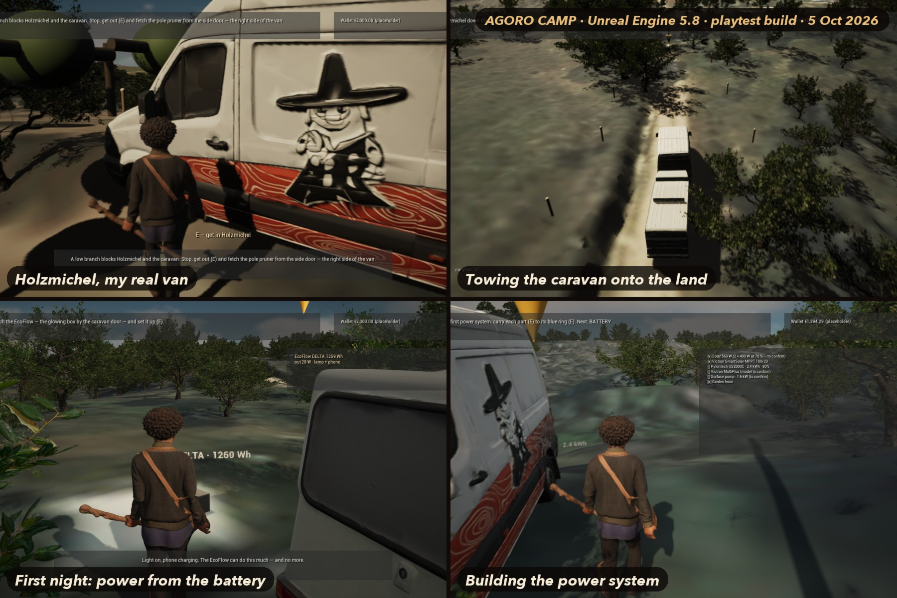 Four in-game captures from Agoro Camp: a white van with a painted livery, the van towing a caravan along a track, the caravan at night beside a battery, and the player building the power system.