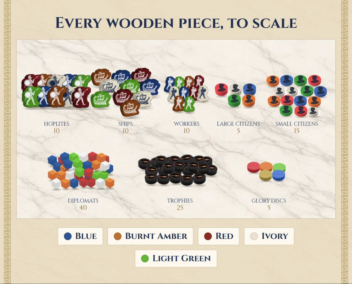 Every wooden piece grouped by type at true relative size, the five house colours mixed in each group: 10 Hoplites in a phalanx, 10 Ships, 10 Workers, 5 large and 15 small Citizens, 40 Diplomat cubes piled, 25 black Trophy discs heaped and 5 Glory discs.
