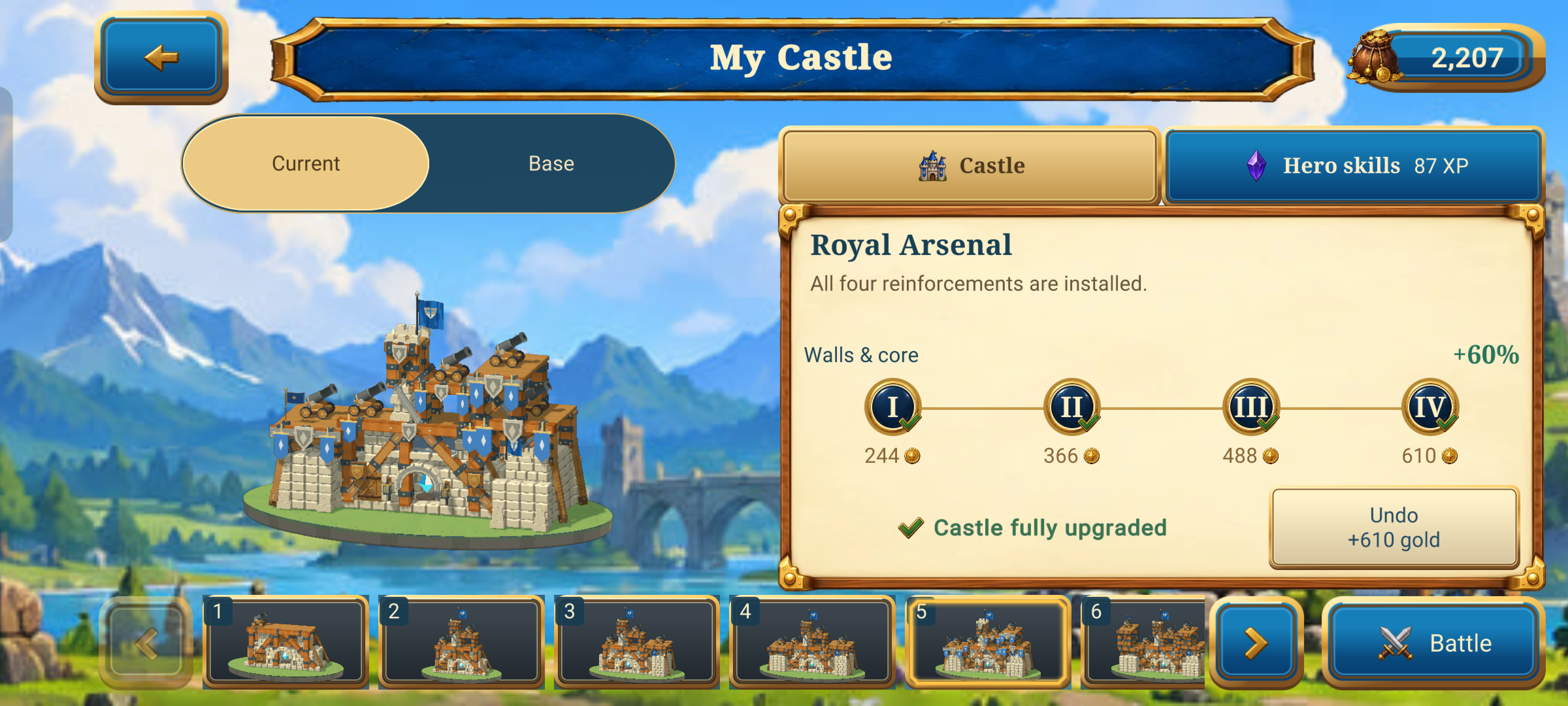 My Castle upgrade screen with a fully upgraded fortress, castle levels, and hero skills