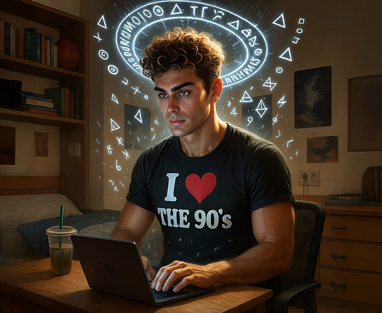 John Maux in his dorm room