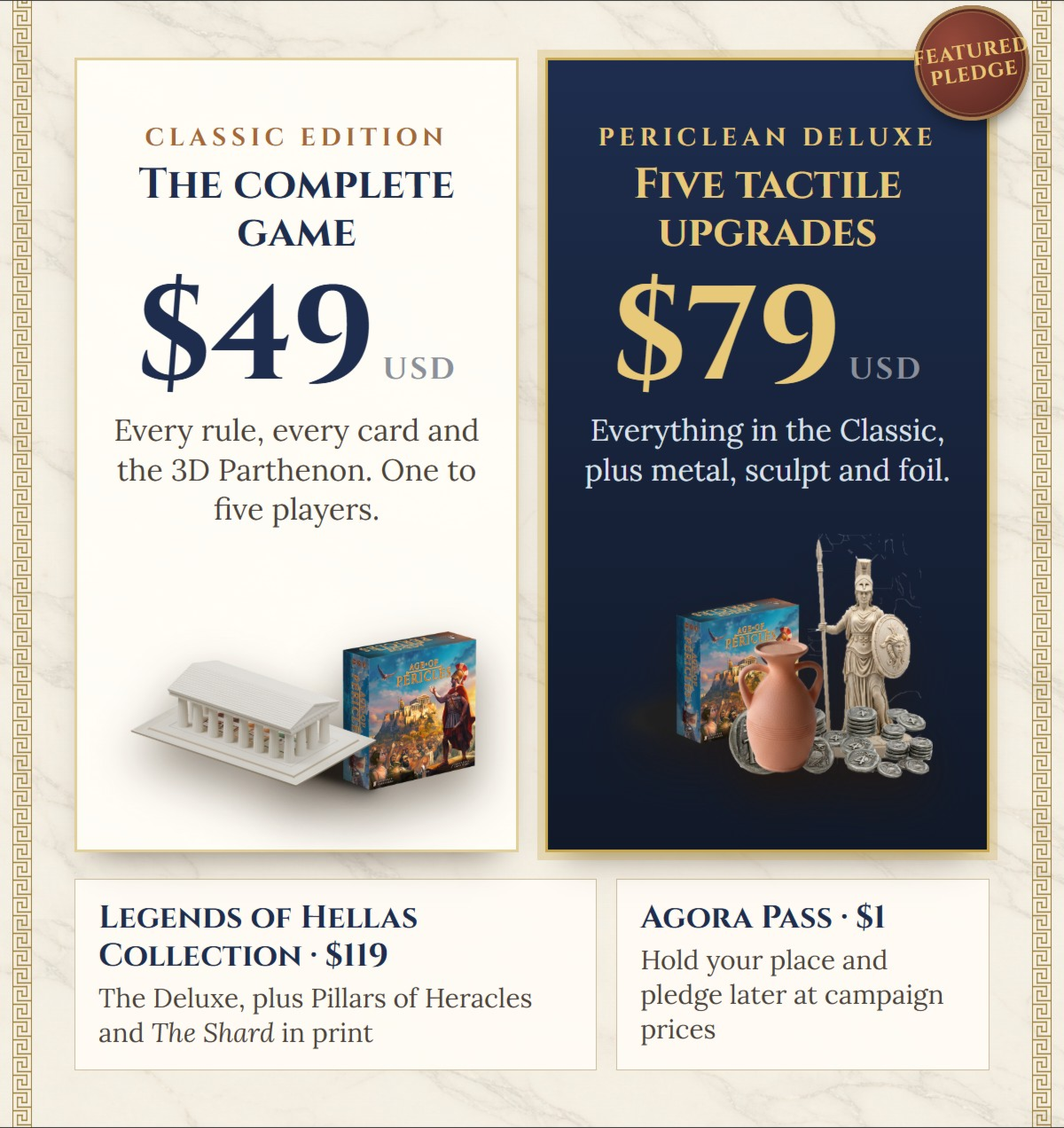 Classic Edition, the complete game, $49. Periclean Deluxe, five tactile upgrades, $79, the featured pledge. Below: the Legends of Hellas Collection, $119, and the $1 Agora Pass.