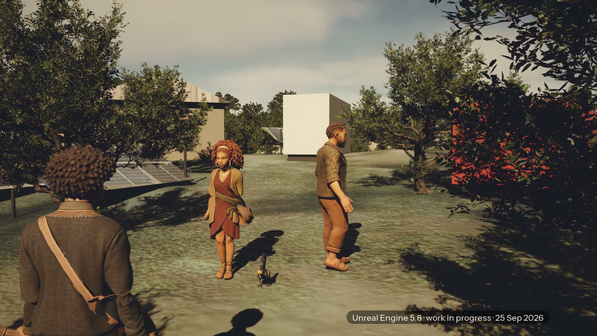 Agoro Camp in Unreal Engine: three characters stand among olive trees at the camp, solar panels and a container behind them.