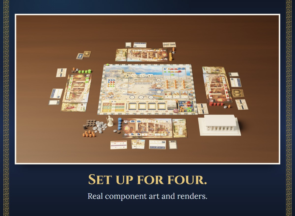 Set up for four on a walnut table: the Athens board, four Oikos boards with their Role tiles and each player’s Mission, Setup and starting Skill cards, Diplomats and Units placed, Sparta and Persia markers on their start spaces, amphorae filling the market, three face-up Athena cards, the Athena sculpt by the first player, a reserve of metal coins, amphorae and Trophy discs, and the 3D Parthenon on its board. Rendered in 3D from the real component art and models. Deluxe edition shown.