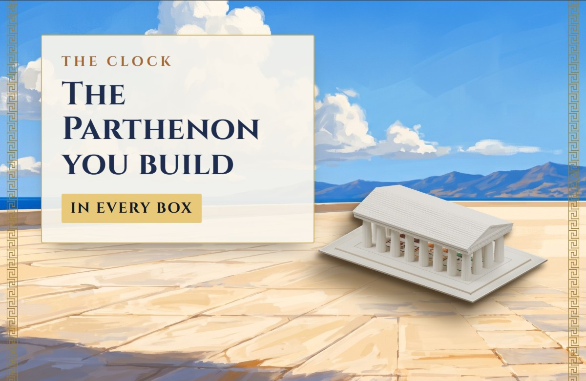 The clock: the Parthenon you build. The 3D Parthenon component stands on a marble terrace under a bright Athenian sky. In every box.