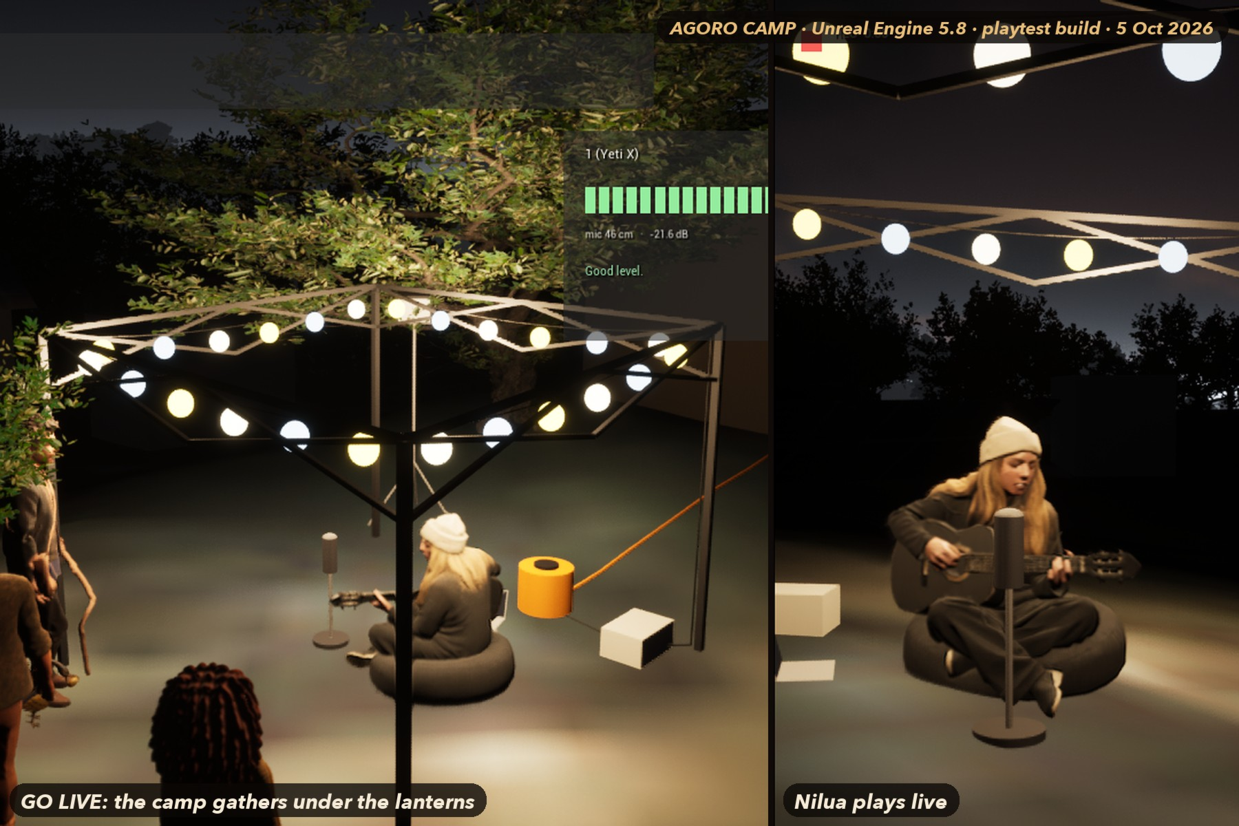 In-game captures from Agoro Camp: people gather at night under a ring of lantern lights, and a singer with a guitar sits on a cushion and plays.