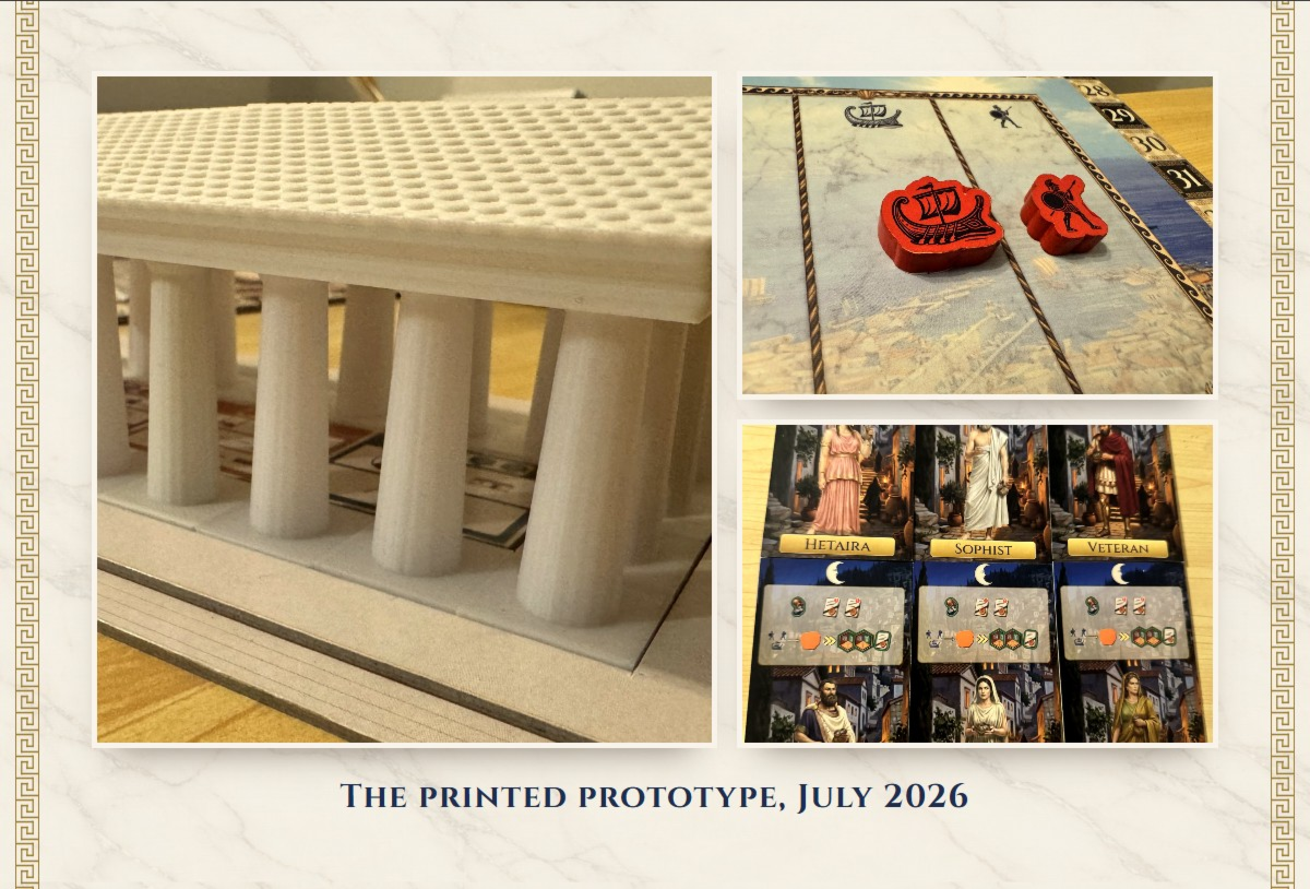 The printed prototype, July 2026: the temple on its board, a Ship and Hoplite on the Athens board, and the Role tiles.