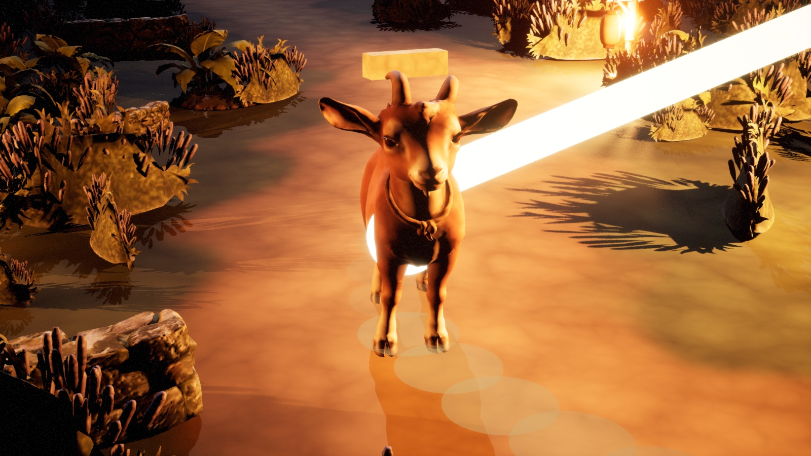 Agoro Road in Unreal Engine: a goat stands on the road in a beam of lamplight at night.