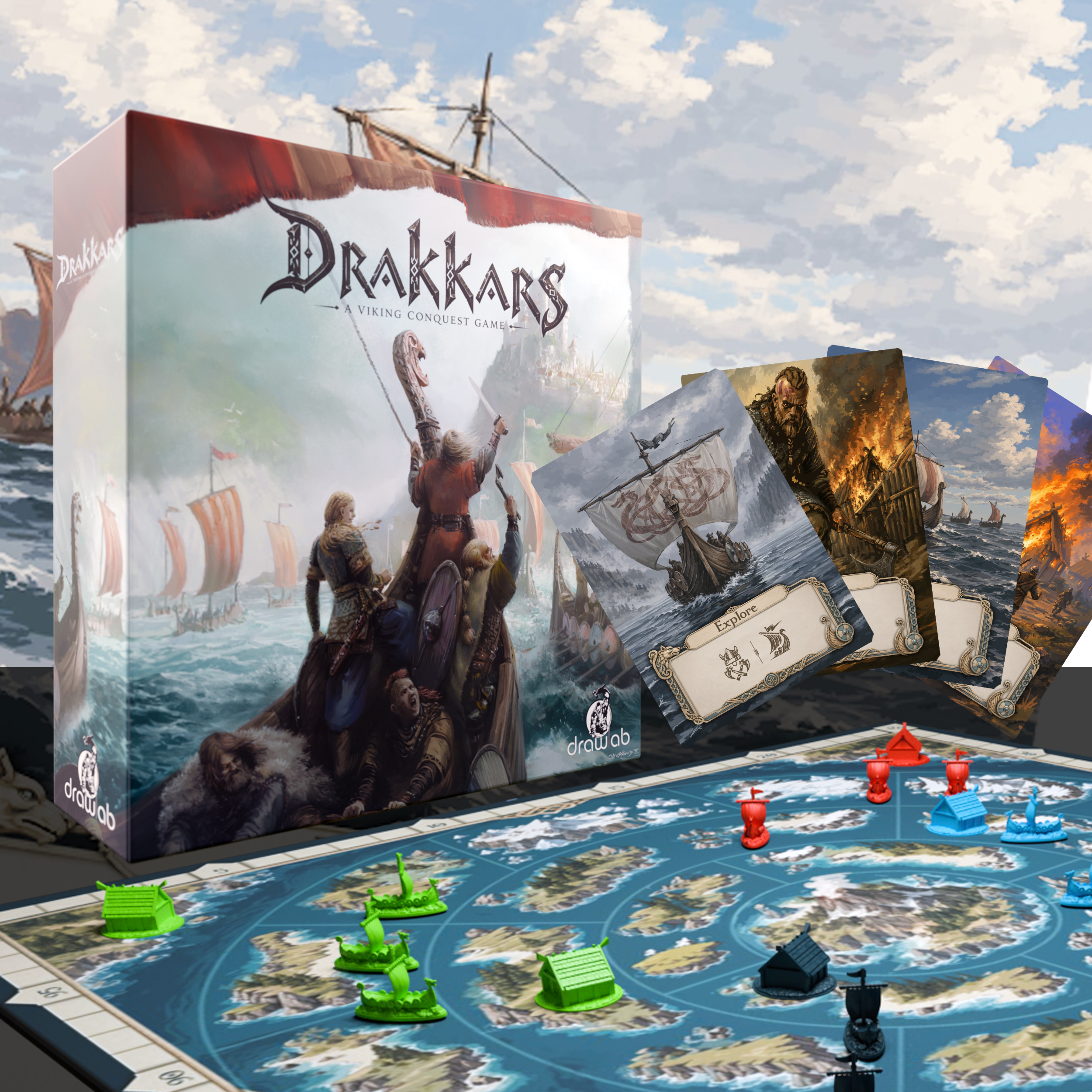 Drakkars- 3d box render with game board open in front of it and game pieces on the board.