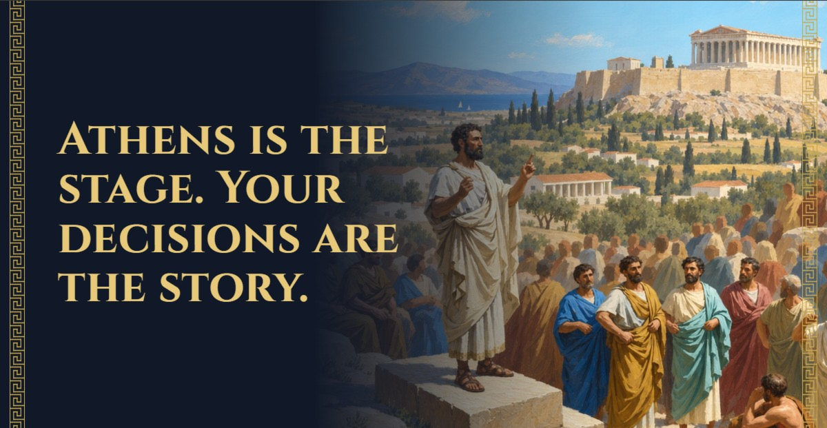 Athens is the stage. Your decisions are the story. A citizen addresses the Assembly on the Pnyx, the Acropolis behind.