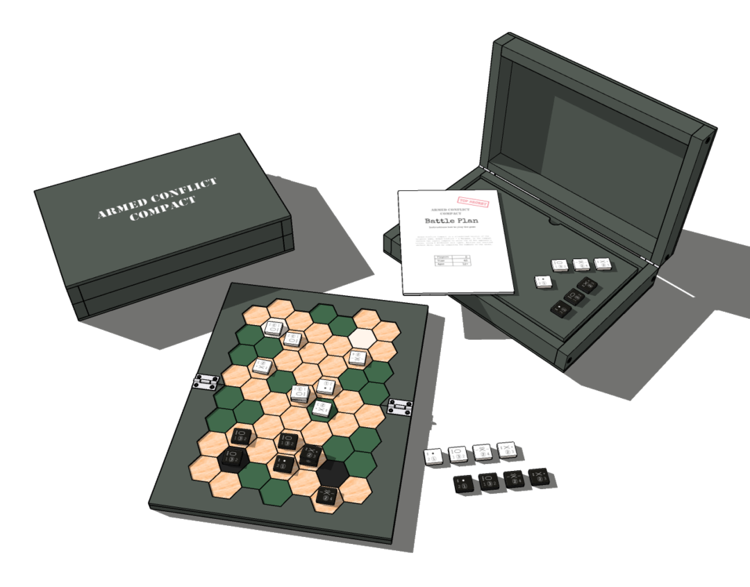 The wooden game box, the wooden, foldable gameboard, the 16+16 unit counters, and the Field Manual (rulebook)