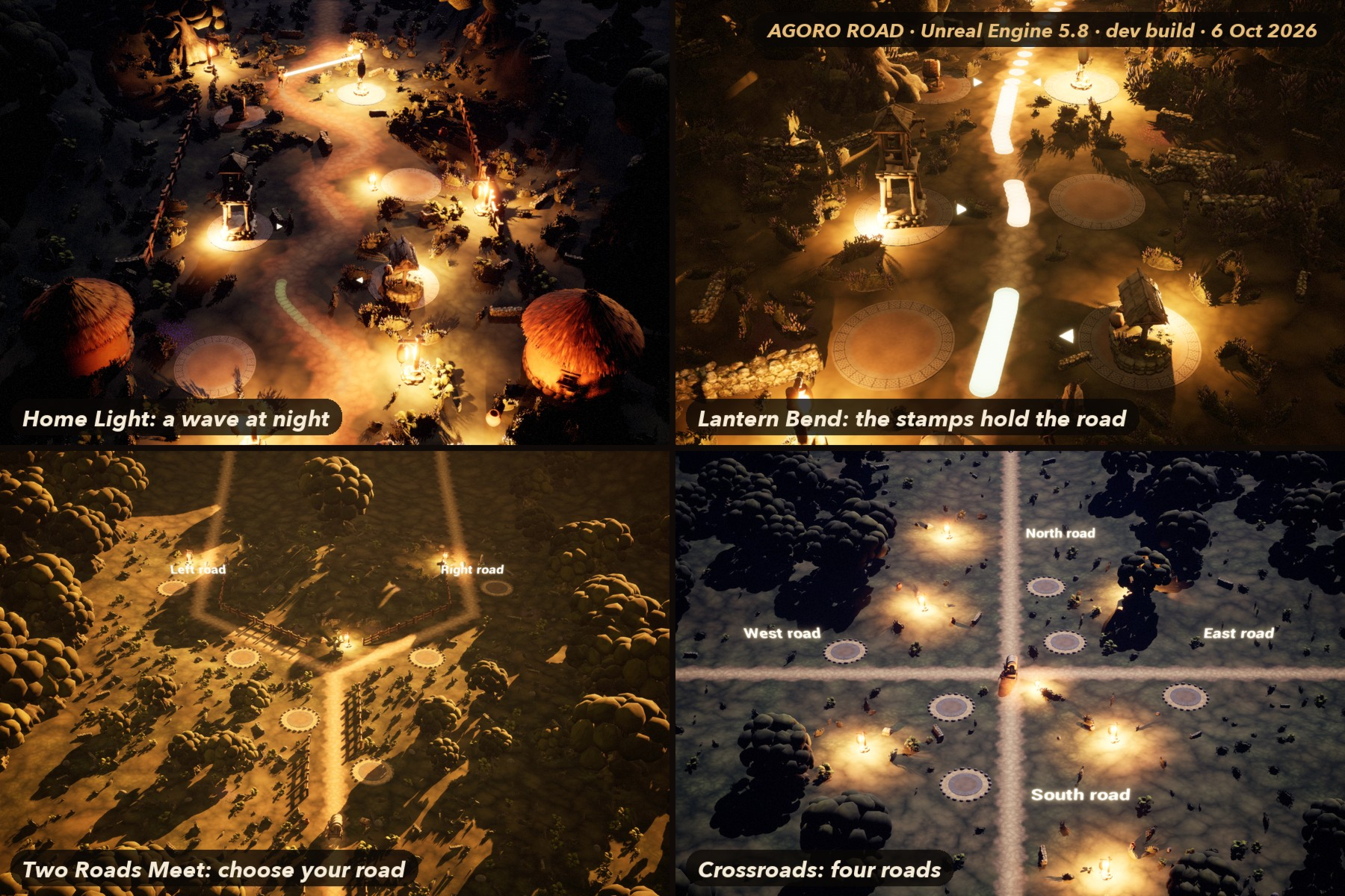 Four in-game captures from Agoro Road seen from above: lit stamps along a night road in Home Light and Lantern Bend, and the Two Roads Meet and Crossroads levels.
