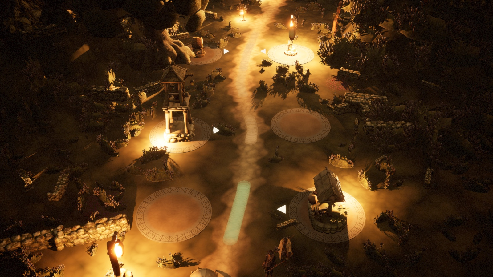 Agoro Road in Unreal Engine at night: the lit road winds past stamps glowing on their rings.