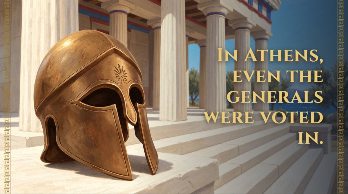 A bronze Corinthian helmet rests on the marble steps of a painted Doric temple in the morning sun. In Athens, even the generals were voted in.