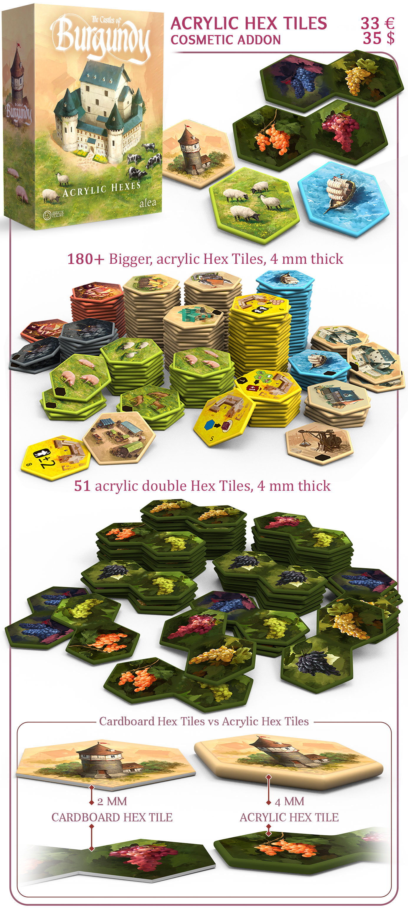 Castles of Burgundy Special Edition by Awaken Realms Upgraded hex tiles (Acrylic) Gamefound