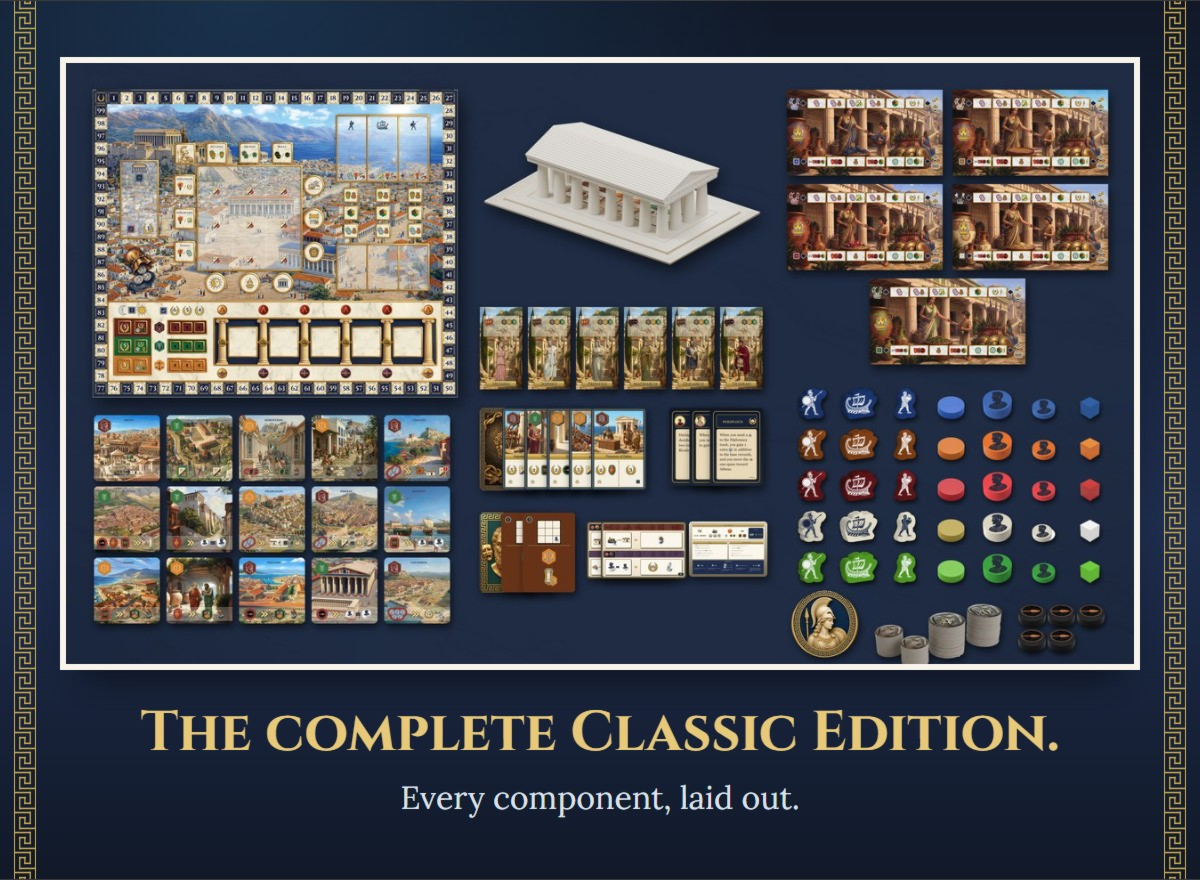 The complete Classic Edition laid out: the Athens board, fifteen City-state tiles, the 3D Parthenon, six Role tiles, every card deck, five Oikos boards, the wooden pieces in five house colours, the First Player token, Silver and Trophies.