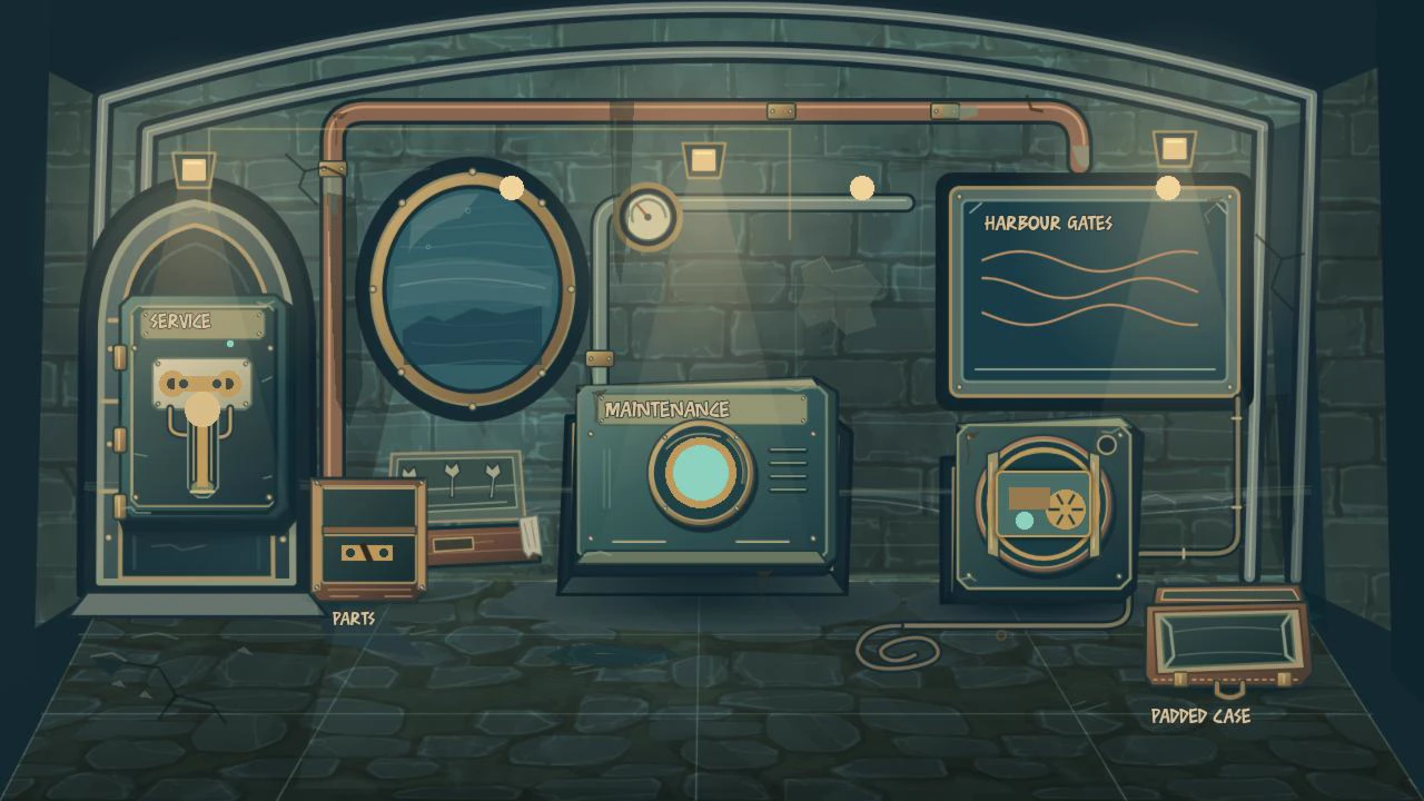 The observatory service room with a porthole, tide gate chart, old controls and stone floor.