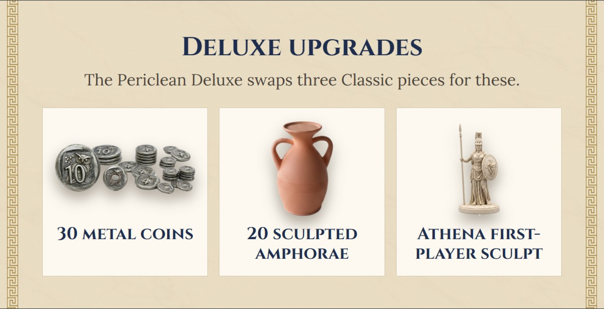 Deluxe upgrades. The Periclean Deluxe swaps three Classic pieces for these: 30 metal coins, 20 sculpted amphorae and the Athena first-player sculpt.
