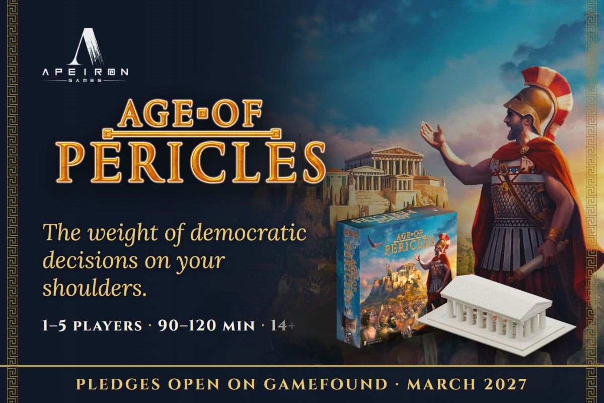 Age of Pericles key art: Pericles addresses Athens beside the game box and the 3D Parthenon. Pledges open on Gamefound in March 2027.