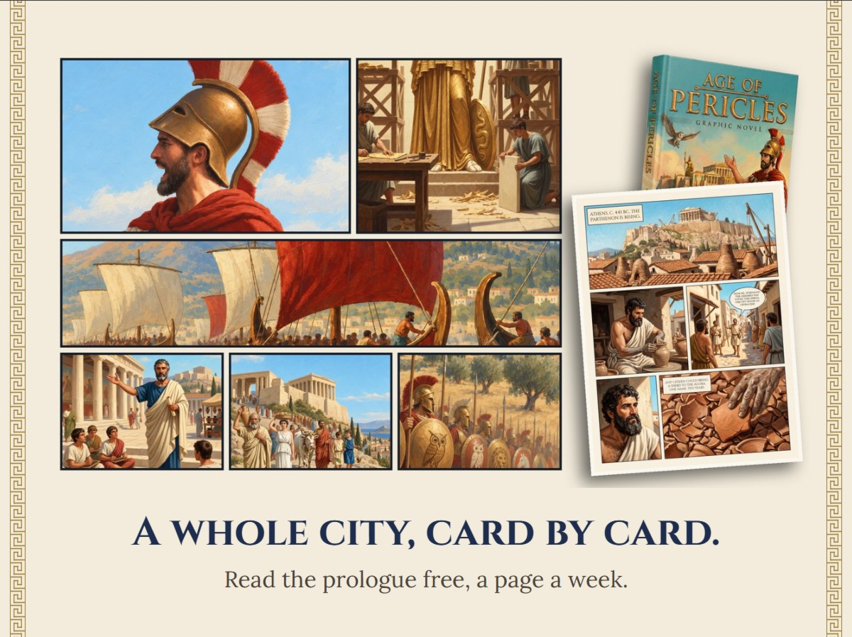 Six scenes from the Athena cards laid out like a comic page, beside the first page of the graphic-novel prologue in front of the book’s cover. Read the prologue free, a page a week.